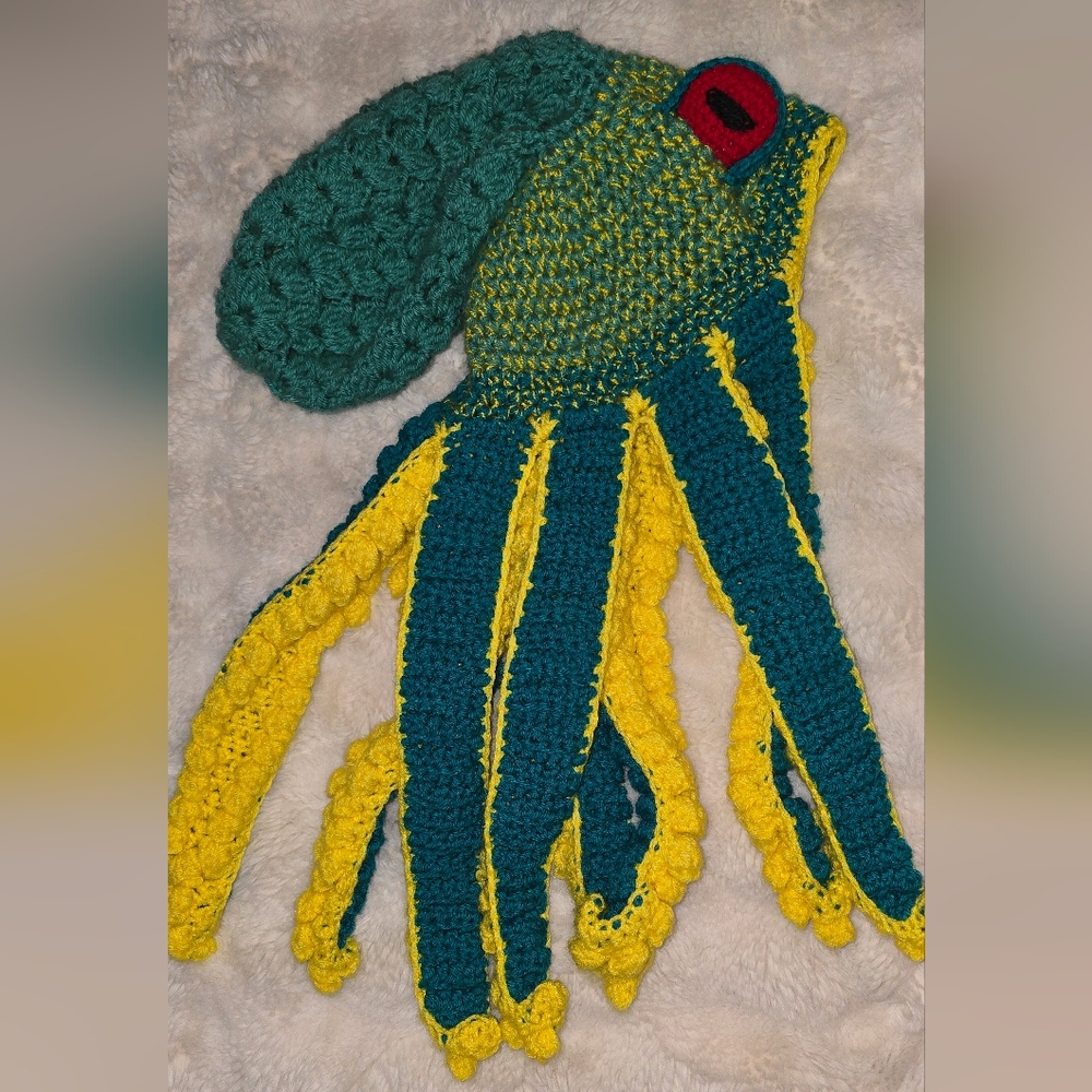 Handmade Teal and Yellow Crochet Octopus Hat